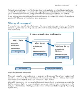 65Lab Environments
Fortunately their colleagues from Fabrikam can show Contoso a better way. Visual Studio Lab Manage-
ment performs not only the mundane task of assigning machines to test environments, but also helps
you to create new environments, configure them for tests, deploy your software, and run tests.
A new lab environment consisting of several machines can be ready within minutes. This makes a
considerable difference to the total time taken to run tests.
What is a lab environment?
A lab environment is a collection of computers that are managed as a single unit, and on which you
deploy the system under test along with test software. Here is a typical configuration of machines in
a lab environment:
Ice cream service test environment
Team project collectionTest controller
Web Client
Windows 7
Web browser
Ice cream tests
Test agent
Web Server
Windows 2008
IIS
Ice cream web service
Test agent
Database Server
Windows 2008
SQL Server
Ice cream database
Test agent
Typical lab environment configuration
This one is set up for automated tests of an ice cream vending service. The software product itself
consists of a web service that runs on Internet Information Services (IIS) and a database that runs on
a separate machine. The tests drive a web browser on a client machine.
With a lab environment, you can run a build-deploy-test workflow in which you can automatically
build your system, deploy its components to the appropriate machines in the environment, run the
tests, and collect test data. (The fully automated version of this is described in Chapter 5, “Automating
System Tests.”)
 