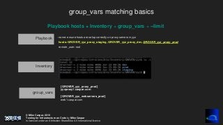 © Mike Caspar, 2016
Testing for Infrastructure as Code by Mike Caspar
is licenced under an Attribution-ShareAlike 4.0 International licence
group_vars matching basics
Playbook hosts + Inventory + group_vars + --limit
- name: ensure hosts are setup correctly on proxy servers in yyz
hosts: GROVER_yyz_proxy_staging, GROVER_yyz_proxy_dev, GROVER_yyz_proxy_prod
remote_user: root
Playbook
Inventory
group_vars
[GROVER_yyz_proxy_prod]
yyzproxy1.caspar.com
[GROVER_yyz_webservers_prod]
web1.caspar.com
 