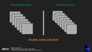 © Mike Caspar, 2016
Testing for Infrastructure as Code by Mike Caspar
is licenced under an Attribution-ShareAlike 4.0 International licence
Physical Servers Virtual Servers
Ansible works with both.
 