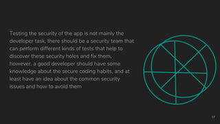 Testing the security of the app is not mainly the
developer task, there should be a security team that
can perform different kinds of tests that help to
discover these security holes and fix them,
however, a good developer should have some
knowledge about the secure coding habits, and at
least have an idea about the common security
issues and how to avoid them
17
 