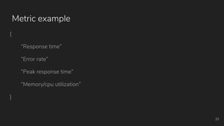 Metric example
{
“Response time”
“Error rate”
“Peak response time”
“Memory/cpu utilization”
}
23
 