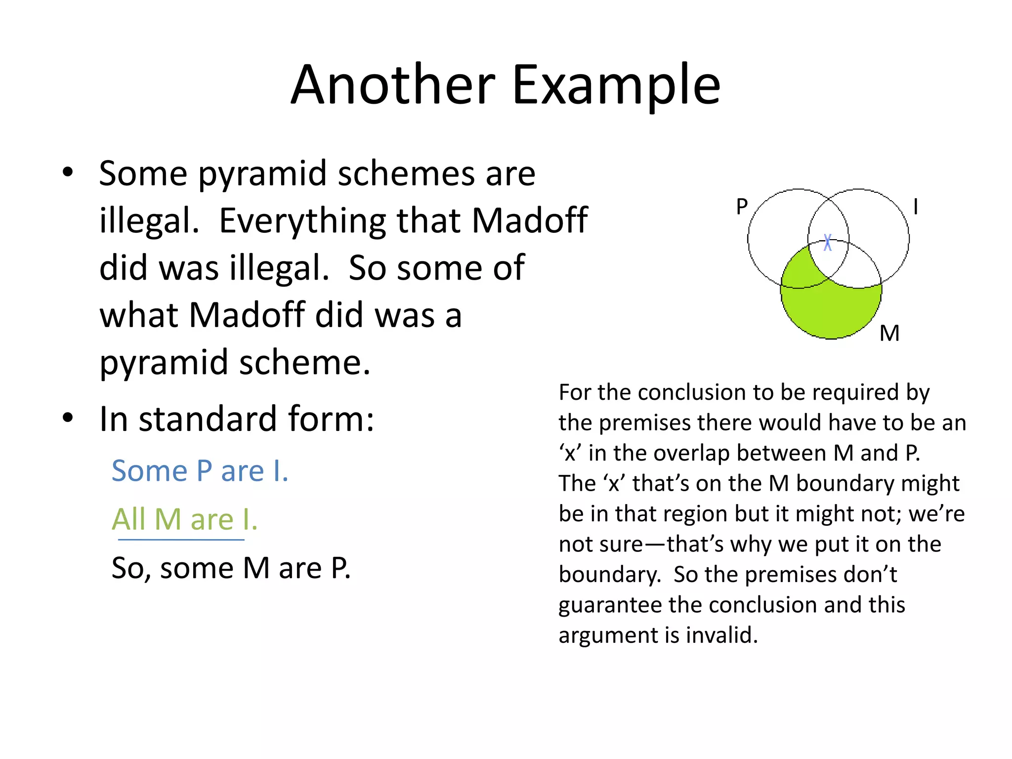 Another Example
• Some pyramid schemes are
                                                P                 I
  illegal. Everything that Madoff
  did was illegal. So some of
  what Madoff did was a                                       M
  pyramid scheme.
                               For the conclusion to be required by
• In standard form:            the premises there would have to be an
                                     ‘x’ in the overlap between M and P.
   Some P are I.                     The ‘x’ that’s on the M boundary might
   All M are I.                      be in that region but it might not; we’re
                                     not sure—that’s why we put it on the
   So, some M are P.                 boundary. So the premises don’t
                                     guarantee the conclusion and this
                                     argument is invalid.
 
