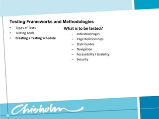 Creating a Testing ScheduleTesting Frameworks and MethodologiesAcceptance TestingIt is important the person responsible for Acceptance Testing formalises the testing process and arranges for the necessary personnel and resources to be available. This requires preparation and planning, and quite often training as well.Types of Tests