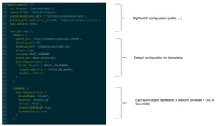 Default configuration for Saucelabs
Each such object represents a platform (browser + OS) in
Saucelabs
Nightwatch configuration (paths, ...)
 