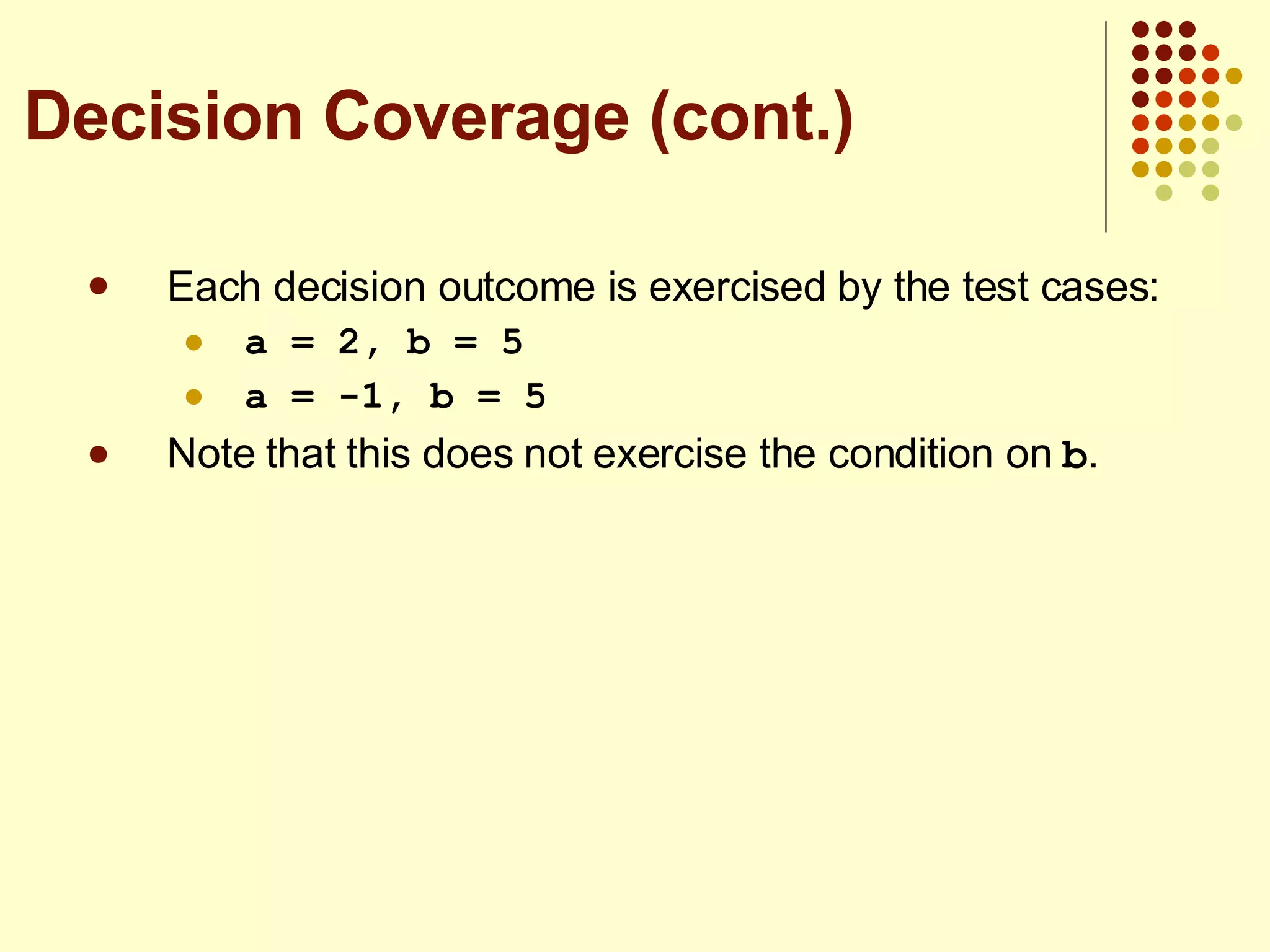 Each decision outcome is exercised by the test cases: a = 2, b = 5 a = -1, b = 5 Note that this does not exercise the condition on  b . Decision Coverage (cont.) 