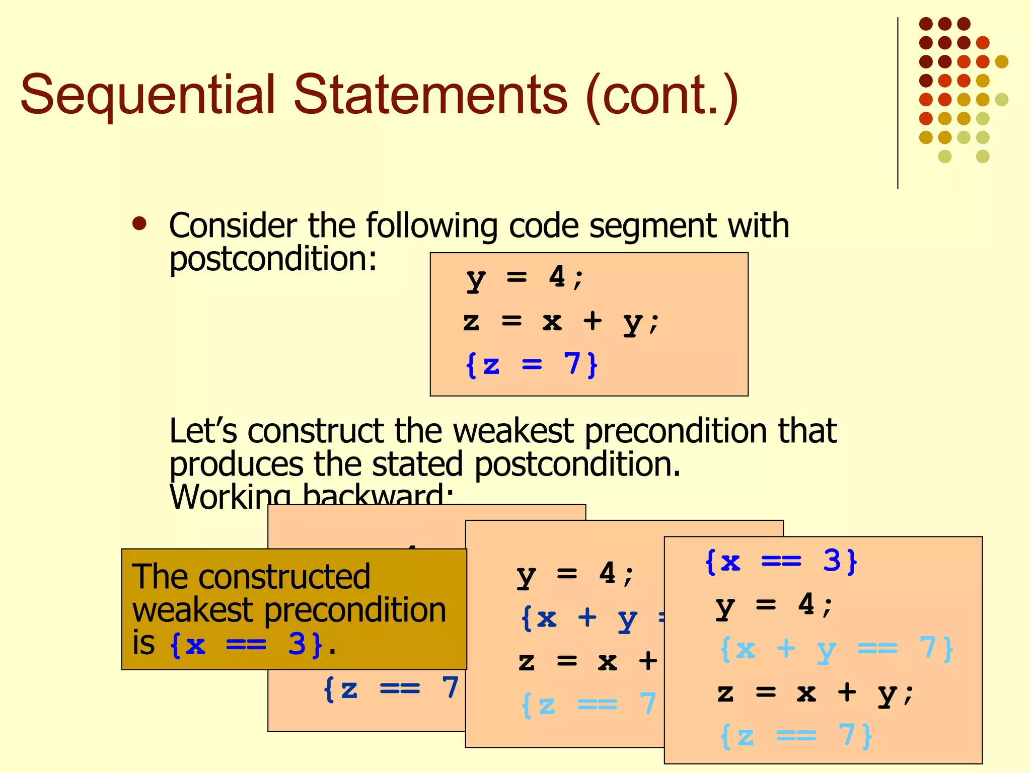 Consider the following code segment with postcondition:   Let’s construct the weakest precondition that produces the stated postcondition.    Working backward: y = 4; z = x + y; {z = 7} y = 4; z = x + y; {z == 7} y = 4; {x + y == 7} z = x + y; {z == 7} {x + 4 == 7} y = 4; {x + y == 7} z = x + y; {z == 7} {x == 3} y = 4; {x + y == 7} z = x + y; {z == 7} The constructed weakest precondition is  {x == 3} .  Sequential Statements (cont.) 