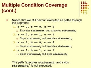 Notice that we still haven’t executed all paths through the segment: a == 2, b == 0, c == 2 Executes  statement 1  and executes  statement 2 a == 2, b == 1, c == 1 Skips  statement 1  and executes  statement 2 a == 1, b == 0, c == 2 Skips  statement 1  and executes  statement 2 a == 1, b == 1, c == 1 Skips  statement 1  and skips  statement 2 The path “executes  statement 1  and skips  statement 2 ” is not executed. Multiple Condition Coverage (cont.) 