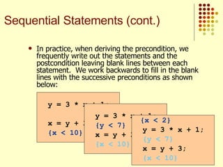 In practice, when deriving the precondition, we frequently write out the statements and the postcondition leaving blank lines between each statement.  We work backwards to fill in the blank lines with the successive preconditions as shown below:   y = 3 * x + 1; x = y + 3; {x < 10} Sequential Statements (cont.) y = 3 * x + 1; {y < 7} x = y + 3; {x < 10} {x < 2} y = 3 * x + 1; {y < 7} x = y + 3; {x < 10} 