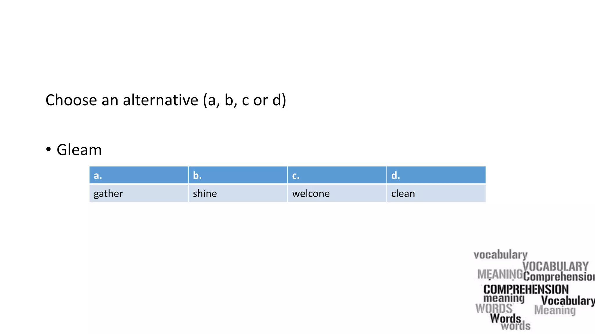 Choose an alternative (a, b, c or d)
• Gleam
a. b. c. d.
gather shine welcone clean
 