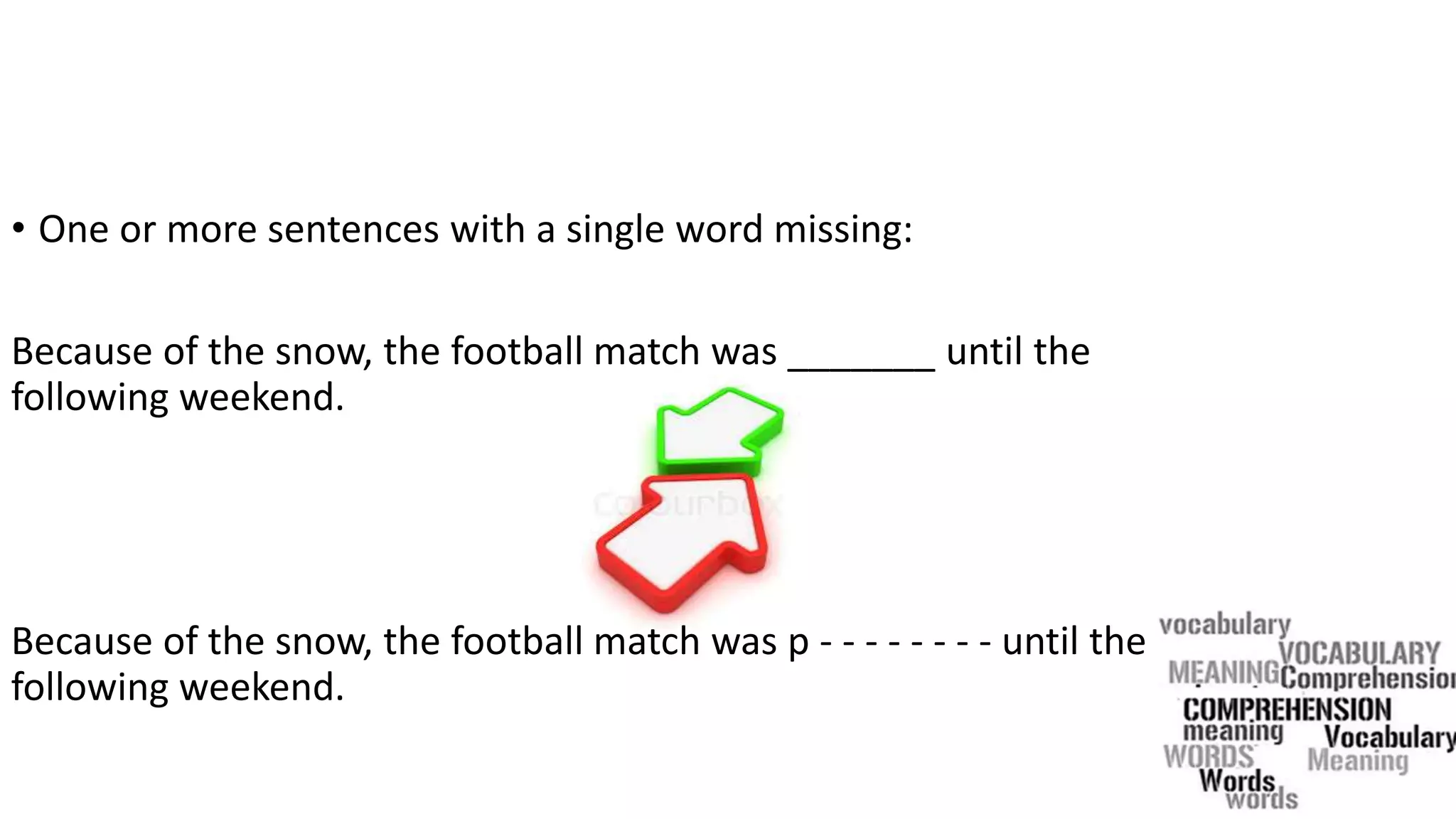 • One or more sentences with a single word missing:
Because of the snow, the football match was _______ until the
following weekend.
Because of the snow, the football match was p - - - - - - - - until the
following weekend.
 