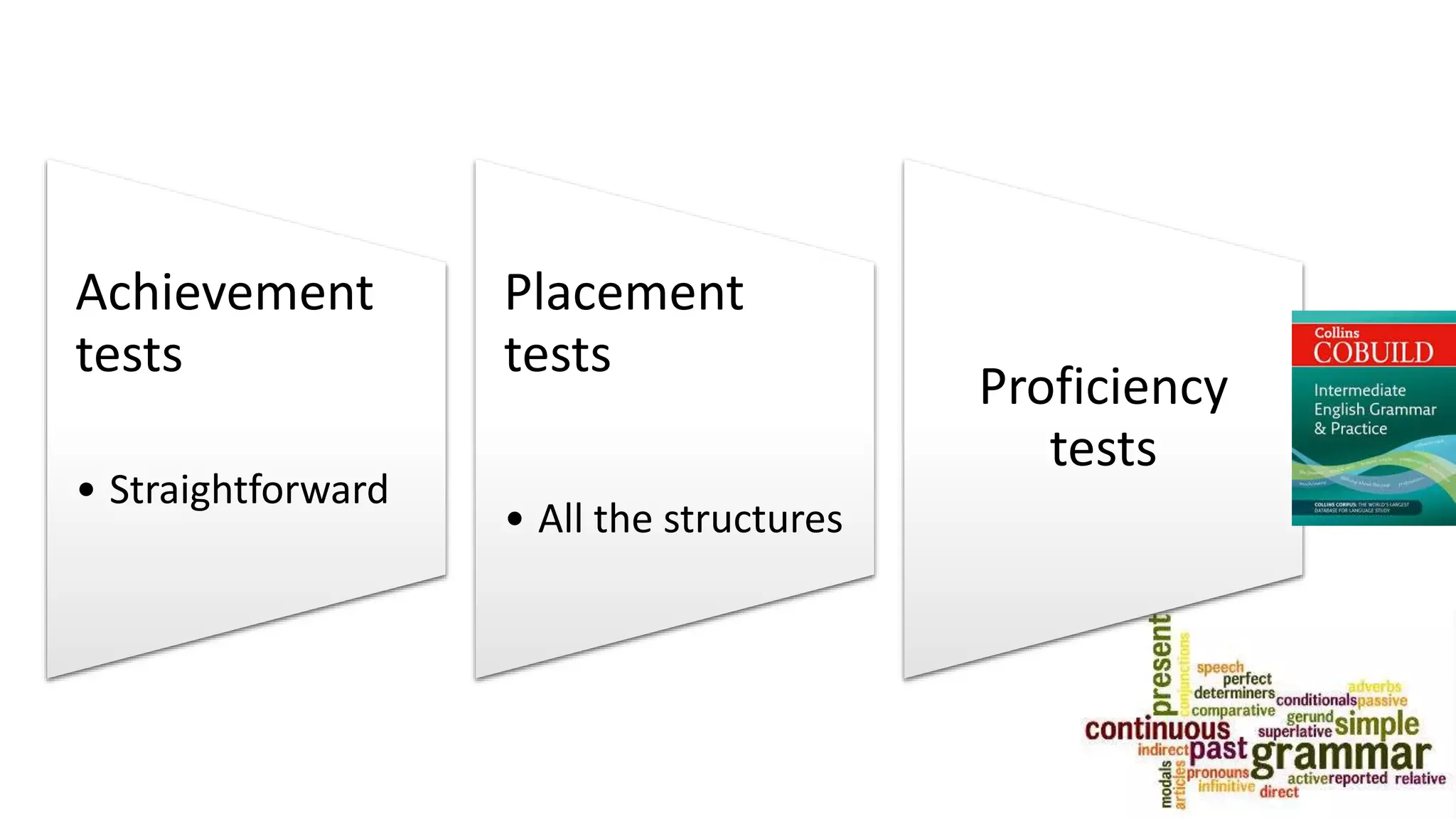 Achievement
tests
• Straightforward
Placement
tests
• All the structures
Proficiency
tests
 