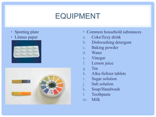 EQUIPMENT
• Spotting plate
• Litmus paper

• Common household substances
a. Coke/fizzy drink
b. Dishwashing detergent
c. Baking powder
d. Water
e. Vinegar
f. Lemon juice
g. Tea
h. Alka-Seltzer tablets
i. Sugar solution
j. Salt solution
k. Soap/Handwash
l. Toothpaste
m. Milk

 