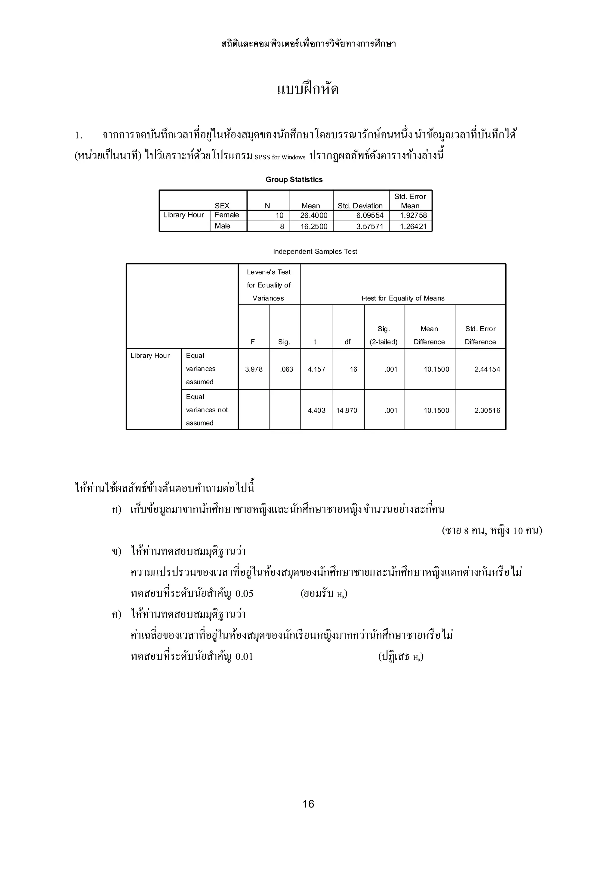 สถิติและคอมพิวเตอร์เพื่อการวิจัยทางการศึกษา
16
แบบฝึกหัด
1. จากการจดบันทึกเวลาที่อยู่ในห้องสมุดของนักศึกษาโดยบรรณารักษ์คนหนึ่งนาข้อมูลเวลาที่บันทึกได้
(หน่วยเป็นนาที) ไปวิเคราะห์ด้วยโปรแกรมSPSS for Windows ปรากฏผลลัพธ์ดังตารางข้างล่างนี้
ให้ท่านใช้ผลลัพธ์ข้างต้นตอบคาถามต่อไปนี้
ก) เก็บข้อมูลมาจากนักศึกษาชายหญิงและนักศึกษาชายหญิงจานวนอย่างละกี่คน
(ชาย 8 คน, หญิง 10 คน)
ข) ให้ท่านทดสอบสมมุติฐานว่า
ความแปรปรวนของเวลาที่อยู่ในห้องสมุดของนักศึกษาชายและนักศึกษาหญิงแตกต่างก ันหรือไม่
ทดสอบที่ระดับนัยสาคัญ 0.05 (ยอมรับ H0)
ค) ให้ท่านทดสอบสมมุติฐานว่า
ค่าเฉลี่ยของเวลาที่อยู่ในห้องสมุดของนักเรียนหญิงมากกว่านักศึกษาชายหรือไม่
ทดสอบที่ระดับนัยสาคัญ 0.01 (ปฏิเสธ H0)
Group Statistics
10 26.4000 6.09554 1.92758
8 16.2500 3.57571 1.26421
SEX
Female
Male
Library Hour
N Mean Std. Deviation
Std. Error
Mean
Independent Samples Test
3.978 .063 4.157 16 .001 10.1500 2.44154
4.403 14.870 .001 10.1500 2.30516
Equal
variances
assumed
Equal
variances not
assumed
Library Hour
F Sig.
Levene's Test
for Equality of
Variances
t df
Sig.
(2-tailed)
Mean
Difference
Std. Error
Difference
t-test for Equality of Means
 