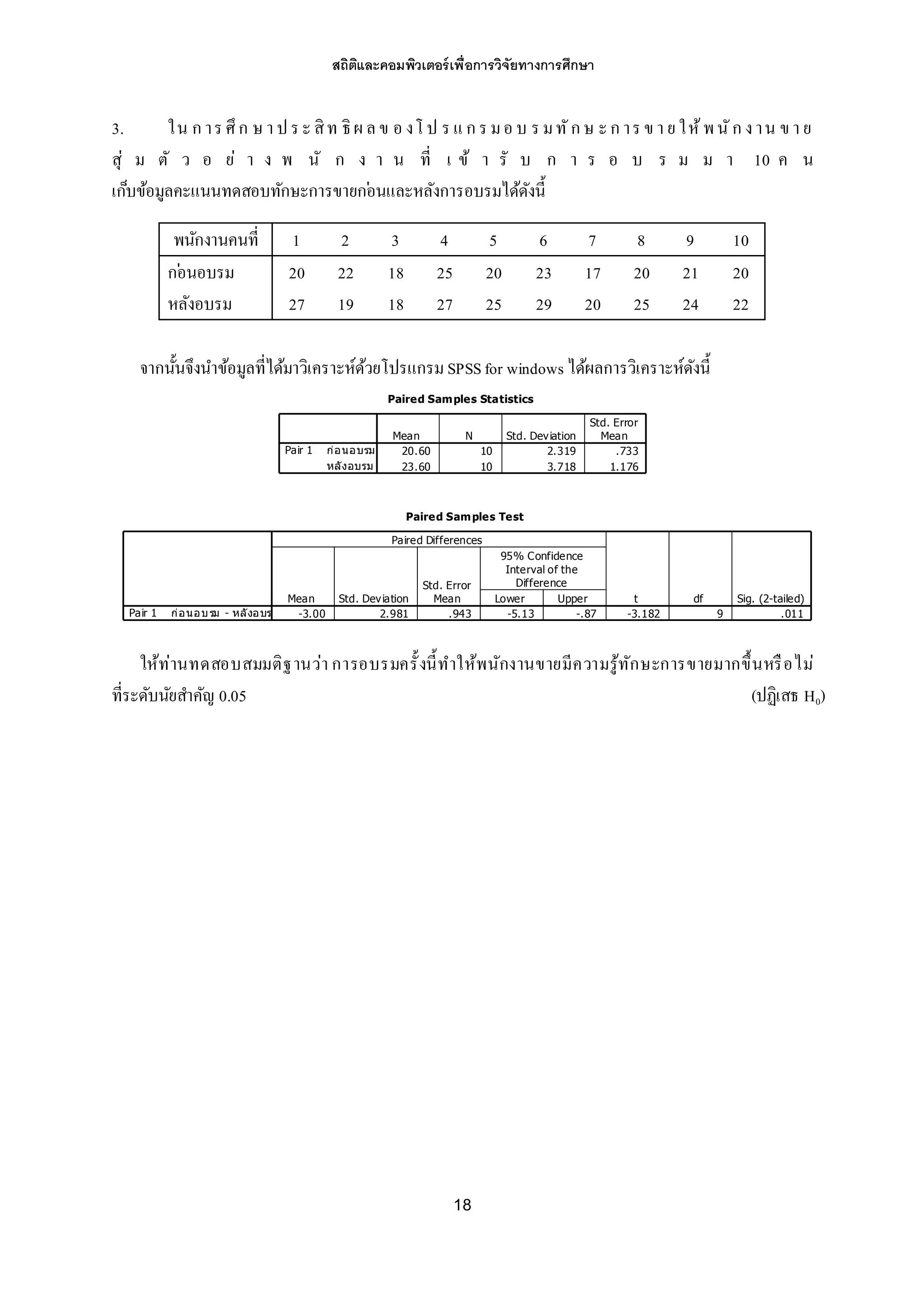 สถิติและคอมพิวเตอร์เพื่อการวิจัยทางการศึกษา
18
3. ใน ก าร ศึก ษ า ปร ะสิท ธิผ ล ข อ งโ ป ร แ ก ร มอ บ ร มทัก ษ ะก าร ขา ย ให้พนัก งาน ขา ย
สุ่ ม ตั ว อ ย่ า ง พ นั ก ง า น ที่ เ ข้ า รั บ ก า ร อ บ ร ม ม า 10 ค น
เก็บข้อมูลคะแนนทดสอบทักษะการขายก ่อนและหลังการอบรมได้ดังนี้
พนักงานคนที่ 1 2 3 4 5 6 7 8 9 10
ก ่อนอบรม 20 22 18 25 20 23 17 20 21 20
หลังอบรม 27 19 18 27 25 29 20 25 24 22
จากนั้นจึงนาข้อมูลที่ได้มาวิเคราะห์ด้วยโปรแกรมSPSSfor windows ได้ผลการวิเคราะห์ดังนี้
ให้ท่านทดสอบสมมติฐานว่า การอบรมครั้งนี้ทาให้พนักงานขายมีความรู้ทักษะการขายมากขึ้นหรือไม่
ที่ระดับนัยสาคัญ 0.05 (ปฏิเสธ H0)
Paired Samples Statistics
20.60 10 2.319 .733
23.60 10 3.718 1.176
ก่อนอบรม
หลังอบรม
Pair 1
Mean N Std. Deviation
Std. Error
Mean
Paired Samples Test
-3.00 2.981 .943 -5.13 -.87 -3.182 9 .011ก่อนอบรม - หลังอบรมPair 1
Mean Std. Deviation
Std. Error
Mean Lower Upper
95% Confidence
Interval of the
Difference
Paired Differences
t df Sig. (2-tailed)
 