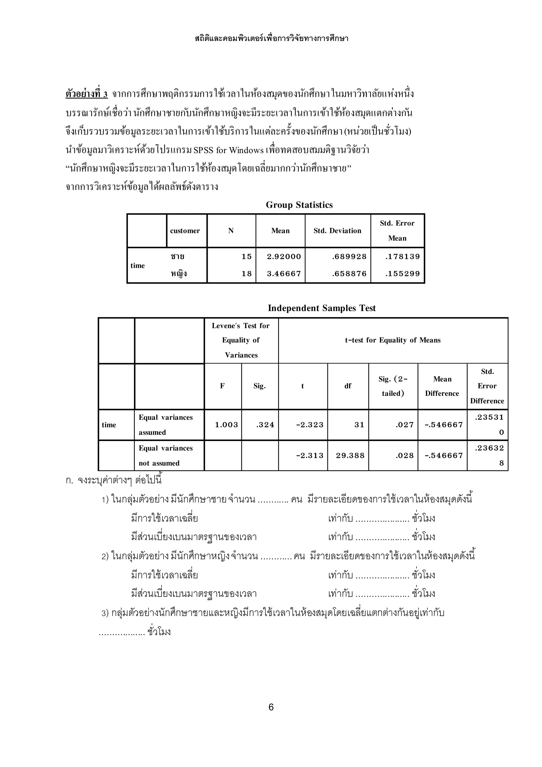 สถิติและคอมพิวเตอร์เพื่อการวิจัยทางการศึกษา
6
ตัวอย่างที่ 3 จากการศึกษาพฤติกรรมการใช้เวลาในห้องสมุดของนักศึกษาในมหาวิทาลัยแห่งหนึ่ง
บรรณารักษ์เชื่อว่านักศึกษาชายก ับนักศึกษาหญิงจะมีระยะเวลาในการเข้าใช้ห้องสมุดแตกต่างก ัน
จึงเก็บรวบรวมข้อมูลระยะเวลาในการเข้าใช้บริการในแต่ละครั้งของนักศึกษา(หน่วยเป็นชั่วโมง)
นาข้อมูลมาวิเคราะห์ด้วยโปรแกรมSPSS for Windows เพื่อทดสอบสมมติฐานวิจัยว่า
“นักศึกษาหญิงจะมีระยะเวลาในการใช้ห้องสมุดโดยเฉลี่ยมากกว่านักศึกษาชาย”
จากการวิเคราะห์ข้อมูลได้ผลลัพธ์ดังตาราง
Group Statistics
customer N Mean Std. Deviation
Std. Error
Mean
time
ชาย 15 2.92000 .689928 .178139
หญิง 18 3.46667 .658876 .155299
Independent Samples Test
Levene's Test for
Equality of
Variances
t-test for Equality of Means
F Sig. t df
Sig. (2-
tailed)
Mean
Difference
Std.
Error
Difference
time
Equal variances
assumed
1.003 .324 -2.323 31 .027 -.546667
.23531
0
Equal variances
not assumed
-2.313 29.388 .028 -.546667
.23632
8
ก. จงระบุค่าต่างๆ ต่อไปนี้
1) ในกลุ่มตัวอย่างมีนักศึกษาชายจานวน ............ คน มีรายละเอียดของการใช้เวลาในห้องสมุดดังนี้
มีการใช้เวลาเฉลี่ย เท่ากับ ..................... ชั่วโมง
มีส่วนเบี่ยงเบนมาตรฐานของเวลา เท่ากับ ..................... ชั่วโมง
2) ในกลุ่มตัวอย่างมีนักศึกษาหญิงจานวน ............คน มีรายละเอียดของการใช้เวลาในห้องสมุดดังนี้
มีการใช้เวลาเฉลี่ย เท่ากับ ..................... ชั่วโมง
มีส่วนเบี่ยงเบนมาตรฐานของเวลา เท่ากับ ..................... ชั่วโมง
3) กลุ่มตัวอย่างนักศึกษาชายและหญิงมีการใช้เวลาในห้องสมุดโดยเฉลี่ยแตกต่างกันอยู่เท่ากับ
.................. ชั่วโมง
 