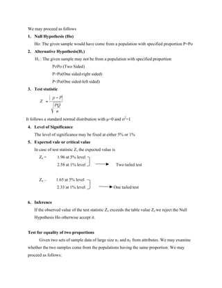 We may proceed as follows
1. Null Hypothesis (Ho)
Ho: The given sample would have come from a population with specified proportion P=Po
2. Alternative Hypothesis(H1)
H1 : The given sample may not be from a population with specified proportion
P≠Po (Two Sided)
P>Po(One sided-right sided)
P<Po(One sided-left sided)
3. Test statistic
It follows a standard normal distribution with µ=0 and σ2
=1
4. Level of Significance
The level of significance may be fixed at either 5% or 1%
5. Expected vale or critical value
In case of test statistic Z, the expected value is
Ze = 1.96 at 5% level
2.58 at 1% level Two tailed test
Ze = 1.65 at 5% level
2.33 at 1% level One tailed test
6. Inference
If the observed value of the test statistic Zo exceeds the table value Ze we reject the Null
Hypothesis Ho otherwise accept it.
Test for equality of two proportions
Given two sets of sample data of large size n1 and n2 from attributes. We may examine
whether the two samples come from the populations having the same proportion. We may
proceed as follows:
 