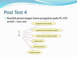 Post Test 4
 Buatlah perancangan kasus pengujian pada PL OO
untuk 1 use case
user
mengubah file musik ke format baru
download file musik dan menyimpan ke pustaka
merekam musik dan menyimpan ke pustaka
mengelola pustaka
bakar daftar lagu ke CD
isi daftar lagu ke iPod
 