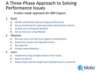 1.Build 
a)Identify all elements that can impact performance 
b)Set up monitoring for capturing system performance metrics 
c)Analyze user and system behavior 
d)Set up test cases using MotioCI 
2.Measure 
a)Run test cases and metrics to capture initial baseline 
b)Review test results and captured metrics 
c)Run load test 
d)Analyze system behavior 
3.Learn 
a)Implement tuning changes based on the results 
b)Return to step 2c 
c)Repeat steps until the target level of performance is achieved 
A Three-Phase Approach to Solving Performance Issues 
A tailor-made approach for IBM Cognos  