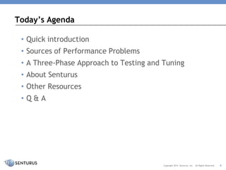•Quick introduction 
•Sources of Performance Problems 
•A Three-Phase Approach to Testing and Tuning 
•About Senturus 
•Other Resources 
•Q & A 
Today’s Agenda 
4 
Copyright 2014 Senturus, Inc. All Rights Reserved  