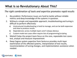 What is so Revolutionary About This? 
1.Key problem: Performance issues are hard to tackle without reliable metrics and deep knowledge of the systems in question. 
2.Without a simple and repeatable approach, troubleshooting and tuning is difficult to perform effectively: 
a)Unstructured troubleshooting is hard to manage, and can be both expensive and slow to produce results 
b)Dependencies across multiple layers aren’t always obvious 
c)Custom-made test cases often require lots of programming/scripting 
3.MotioCI helps the project team focus on the core, repeatable test cases: test, analyze and measure improvement 
4.Deep Cognos system expertise from Senturus provides multi-layer examination of the affected systems, interpretation of test results, recommendation of tuning changes, and implementation assistance when needed. 
The right combination of tools and expertise promotes rapid results  