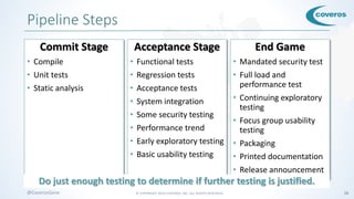 © COPYRIGHT 2016 COVEROS, INC. ALL RIGHTS RESERVED. 16@CoverosGene
Pipeline Steps
Commit Stage
• Compile
• Unit tests
• Static analysis
Acceptance Stage
• Functional tests
• Regression tests
• Acceptance tests
• System integration
• Some security testing
• Performance trend
• Early exploratory testing
• Basic usability testing
End Game
• Mandated security test
• Full load and
performance test
• Continuing exploratory
testing
• Focus group usability
testing
• Packaging
• Printed documentation
• Release announcement
Do just enough testing to determine if further testing is justified.
 