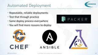 © COPYRIGHT 2016 COVEROS, INC. ALL RIGHTS RESERVED. 29@CoverosGene
Automated Deployment
• Repeatable, reliable deployments
• Test that through practice
• Same deploy process everywhere
• You will find more reasons to deploy
 