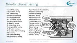 © COPYRIGHT 2016 COVEROS, INC. ALL RIGHTS RESERVED. 33@CoverosGene
Non-functional Testing
• Availability testing
• Accessibility testing
• Baseline testing
• Compatibility testing
• Compliance testing
• Configuration testing
• Documentation testing
• Endurance testing
• Ergonomics testing
• Interoperability testing
• Installation testing
• Internationalization testing
• Load testing
• Localization testing
• Maintainability testing
• Operational readiness testing
• Performance testing
• Portability testing
• Recovery testing
• Reliability testing
• Resilience testing
• Scalability testing
• Security testing
• Stability testing
• Stress testing
• Supportability testing
• Testability testing
• Usability testing
• Volume testing
Image by Andrew Stellman via http://www.stellman-greene.com/2010/02/17/nonfunctional-requirements-qa/
 