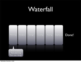 Waterfall


                  Planning    Analysis   Design   Coding   Testing   Deploying   Done!



                    Risk analysis
                   Test planning
                  Test case design


Wednesday, December 2, 2009
 