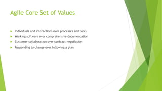 Agile Core Set of Values
 Individuals and interactions over processes and tools
 Working software over comprehensive documentation
 Customer collaboration over contract negotiation
 Responding to change over following a plan
 