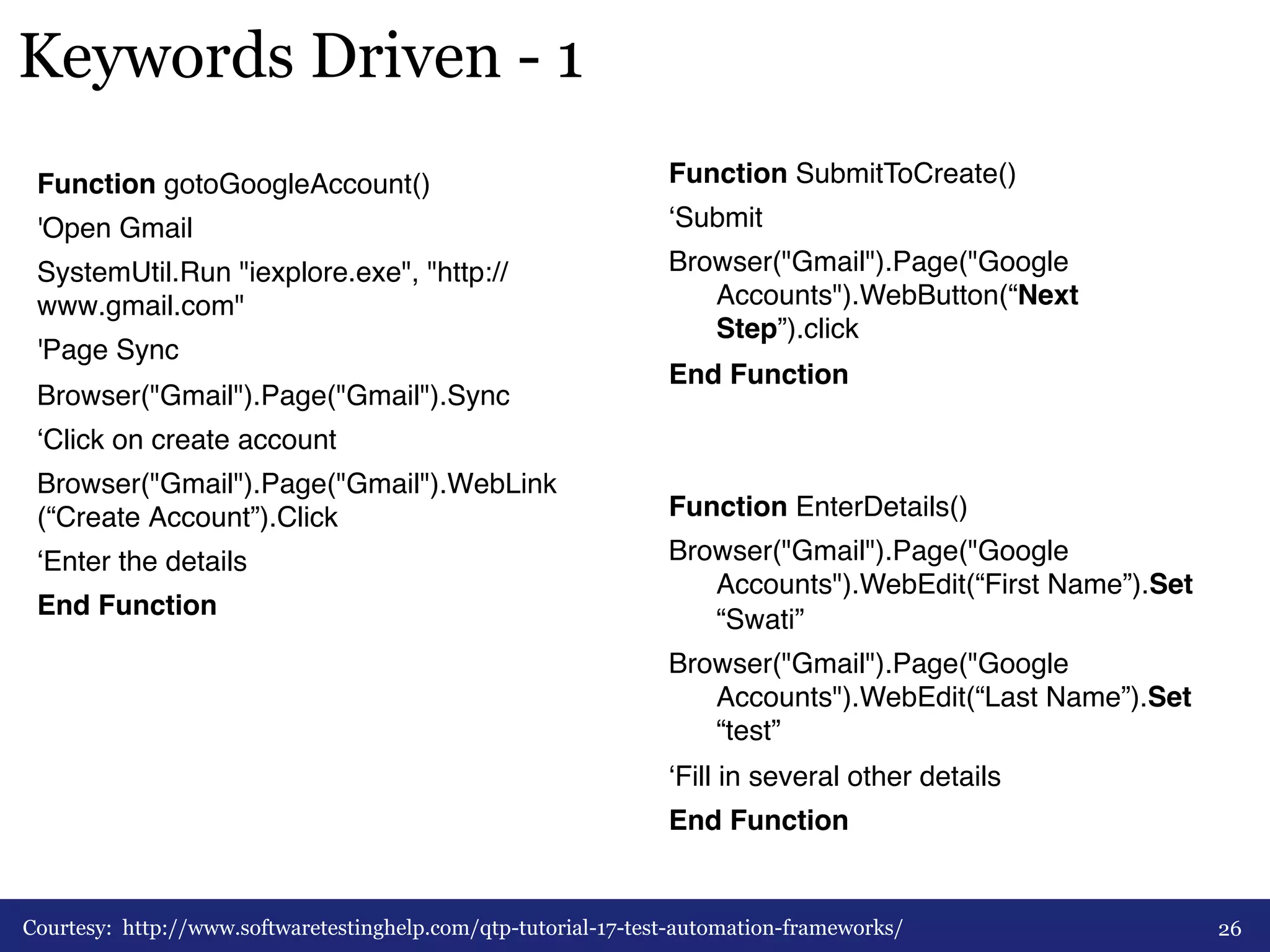 Keywords Driven - 1 
Function gotoGoogleAccount()# 
'Open Gmail# 
SystemUtil.Run "iexplore.exe", "http:// 
www.gmail.com"# 
'Page Sync# 
Browser("Gmail").Page("Gmail").Sync# 
‘Click on create account# 
Browser("Gmail").Page("Gmail").WebLink 
(“Create Account”).Click# 
‘Enter the details# 
End Function# 
! 
Function SubmitToCreate()# 
‘Submit# 
Browser("Gmail").Page("Google 
Accounts").WebButton(“Next 
Step”).click# 
End Function!! 
# 
# 
Function EnterDetails()# 
Browser("Gmail").Page("Google 
Accounts").WebEdit(“First Name”).Set 
“Swati”# 
Browser("Gmail").Page("Google 
Accounts").WebEdit(“Last Name”).Set 
“test”# 
‘Fill in several other details# 
End Function# 
Courtesy: http://www.softwaretestinghelp.com/qtp-tutorial-17-test-automation-frameworks/ 26 
 