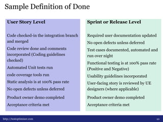 Sample Definition of Done 
User Story Level 
Code checked-in the integration branch 
and merged 
Code review done and comments 
incorporated (Coding guidelines 
checked) 
Automated Unit tests run 
code coverage tools run 
Static analysis is at 100% pass rate 
No open defects unless deferred 
Product owner demo completed 
Acceptance criteria met 
10 
Sprint or Release Level 
Required user documentation updated 
No open defects unless deferred 
Test cases documented, automated and 
run over night 
Functional testing is at 100% pass rate 
(Positive and Negative) 
Usability guidelines incorporated 
User-facing story is reviewed by UE 
designers (where applicable) 
Product owner demo completed 
Acceptance criteria met 
http://testoptimizer.com 
 