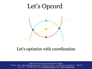 Let’s Opcord 
Let’s optimize with coordination 
OpCord Consultancy Services Private Limited, 
2nd Floor, #417, Above People Showroom, 27th Main, Sector -1, HSR Layout, Bangalore – 560102 
Voice: 91 – 9620887298, Email: info@opcord.com, Web: http://opcord.com 
