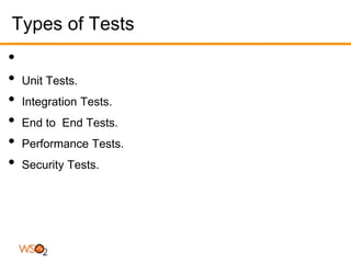 Types of Tests
•
•   Unit Tests.
•   Integration Tests.
•   End to End Tests.
•   Performance Tests.
•   Security Tests.
 