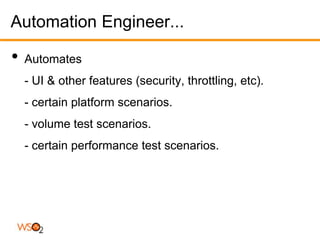 Automation Engineer...

•   Automates
    - UI & other features (security, throttling, etc).
    - certain platform scenarios.
    - volume test scenarios.
    - certain performance test scenarios.
 