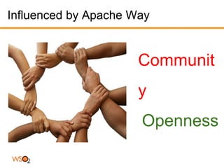 Influenced by Apache Way


                      Communit
                      y
                      Openness
 