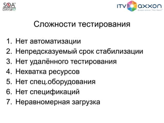 Сложности тестирования
1. Нет автоматизации
2. Непредсказуемый срок стабилизации
3. Нет удалённого тестирования
4. Нехватка ресурсов
5. Нет спец.оборудования
6. Нет спецификаций
7. Неравномерная загрузка
 