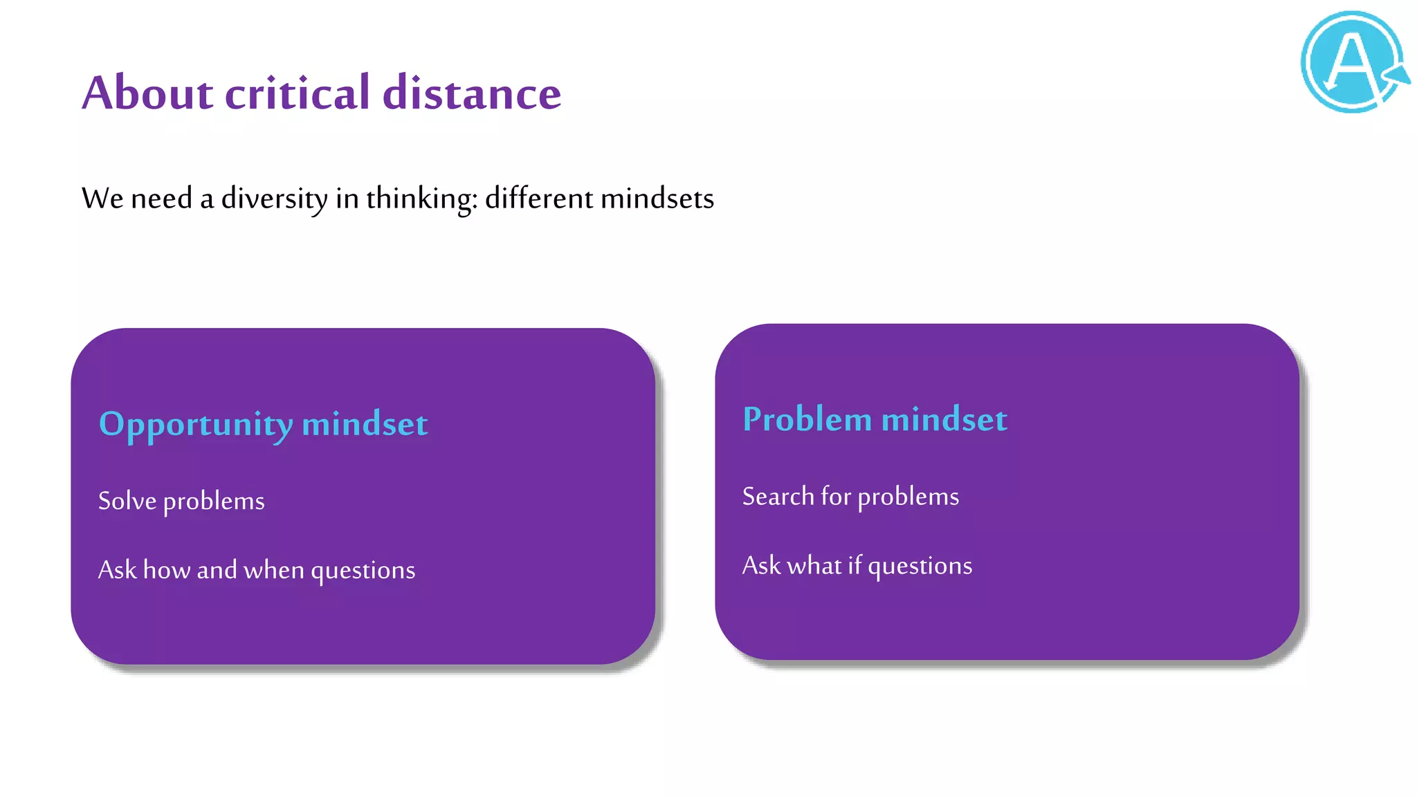 About critical distance
We need a diversity in thinking: different mindsets
Opportunity mindset
Solve problems
Ask howand whenquestions
Problem mindset
Search for problems
Ask what if questions
 