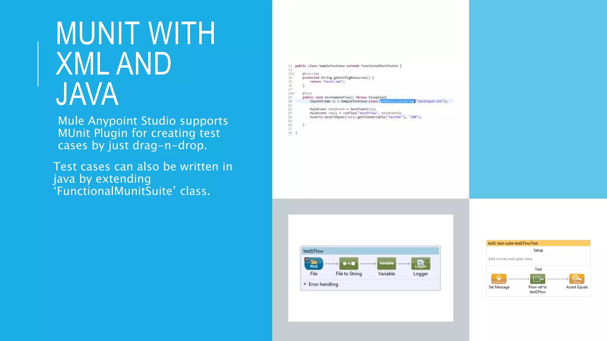 MUNIT WITH
XML AND
JAVA
Mule Anypoint Studio supports
MUnit Plugin for creating test
cases by just drag-n-drop.
Test cases can also be written in
java by extending
‘FunctionalMunitSuite’ class.
 