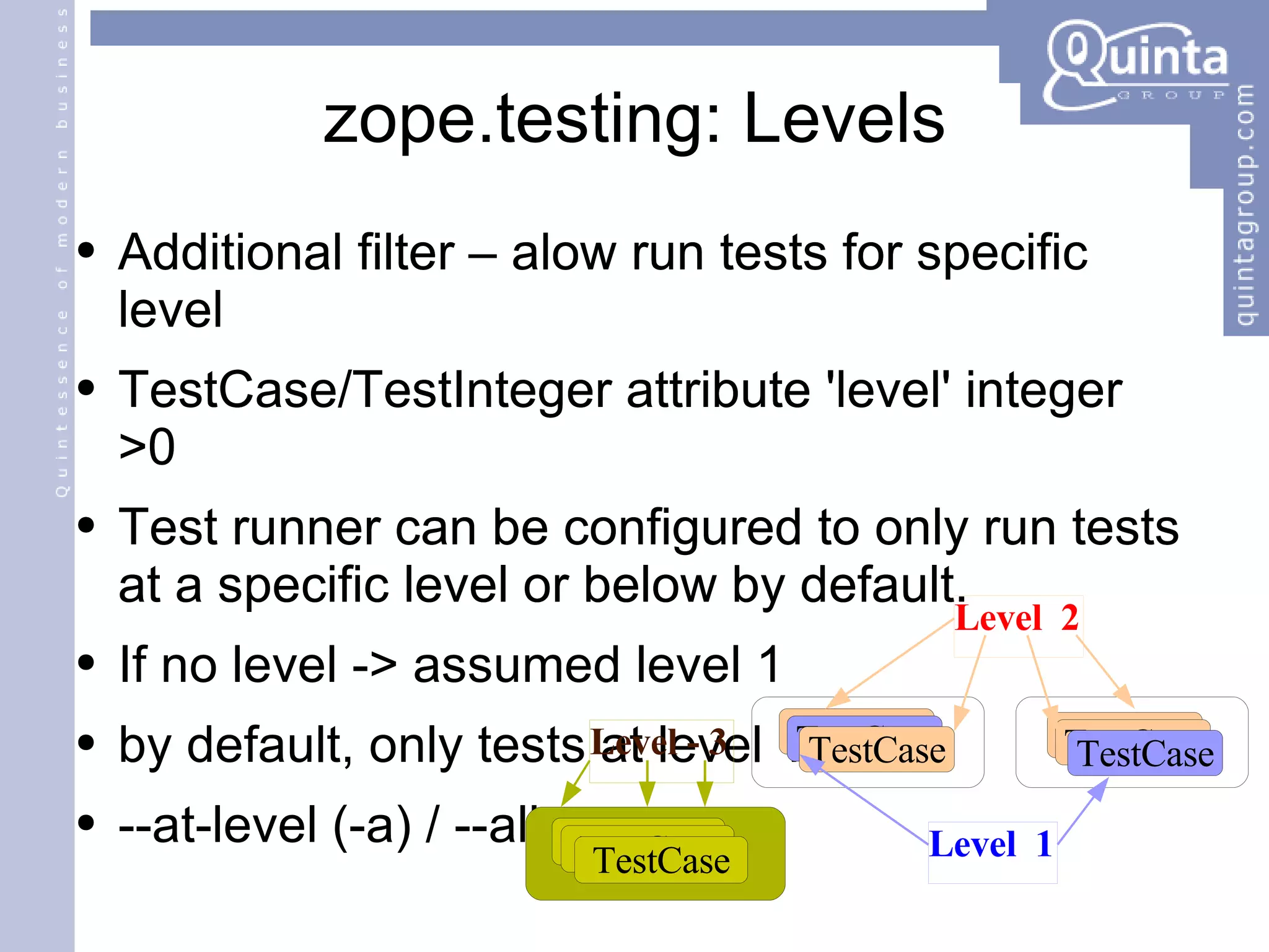 zope.testing: Levels Additional filter – alow run tests for specific level TestCase/TestInteger attribute 'level' integer  >0 Test runner can be configured to only run tests at a specific level or below by default. Additional filter – alow run tests for specific level TestCase/TestInteger attribute 'level' integer  >0 Test runner can be configured to only run tests at a specific level or below by default. If no level -> assumed level 1 by default, only tests at level 1 --at-level (-a) / --all TestCase TestCase TestCase TestCase TestCase TestCase Level  1 Level  2 TestCase TestCase TestCase Level - 3 