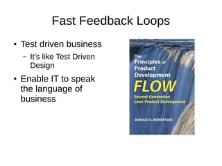 Fast Feedback Loops
● Test driven business
– It's like Test Driven
Design
● Enable IT to speak
the language of
business
 