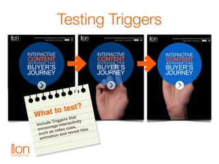 Testing Triggers
What to test?
Include Triggers that  
encourage interactivity  
such as video cues,  
animation and revea...