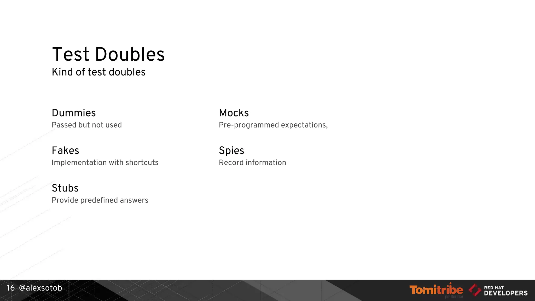 @alexsotob
Dummies
Passed but not used
Fakes
Implementation with shortcuts
Stubs
Provide predefined answers
Mocks
Pre-programmed expectations,
Spies
Record information
Test Doubles
Kind of test doubles
16
 
