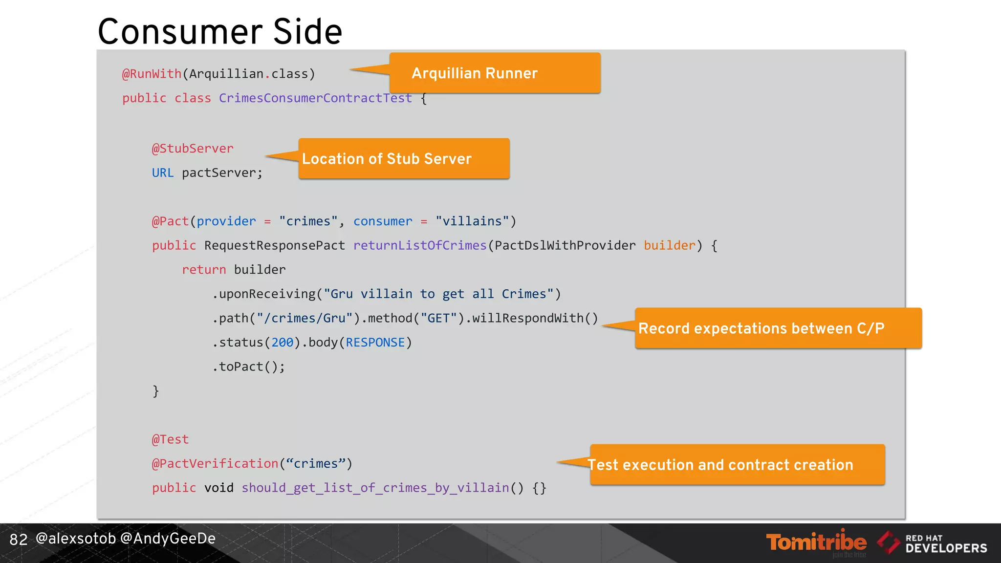 @alexsotob @AndyGeeDe
Consumer Side
@RunWith(Arquillian.class)
public class CrimesConsumerContractTest {
@StubServer
URL pactServer;
@Pact(provider = "crimes", consumer = "villains")
public RequestResponsePact returnListOfCrimes(PactDslWithProvider builder) {
return builder
.uponReceiving("Gru villain to get all Crimes")
.path("/crimes/Gru").method("GET").willRespondWith()
.status(200).body(RESPONSE)
.toPact();
}
@Test
@PactVerification(“crimes”)
public void should_get_list_of_crimes_by_villain() {}
82
Arquillian Runner
Location of Stub Server
Record expectations between C/P
Test execution and contract creation
 