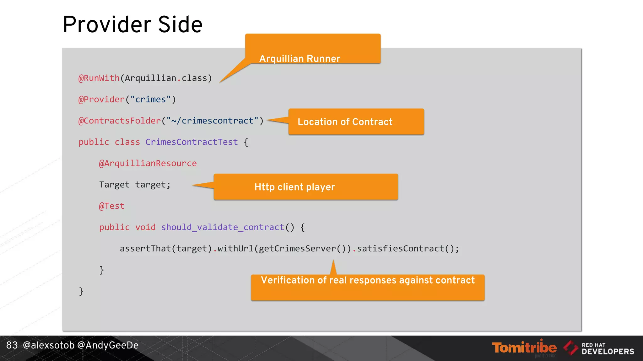 @alexsotob @AndyGeeDe
Provider Side
@RunWith(Arquillian.class)
@Provider("crimes")
@ContractsFolder("~/crimescontract")
public class CrimesContractTest {
@ArquillianResource
Target target;
@Test
public void should_validate_contract() {
assertThat(target).withUrl(getCrimesServer()).satisfiesContract();
}
}
83
Arquillian Runner
Location of Contract
Http client player
Verification of real responses against contract
 