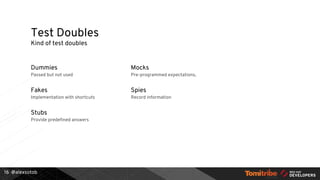 @alexsotob
Dummies
Passed but not used
Fakes
Implementation with shortcuts
Stubs
Provide predefined answers
Mocks
Pre-programmed expectations,
Spies
Record information
Test Doubles
Kind of test doubles
16
 