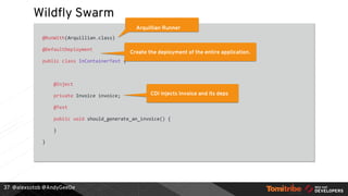 @alexsotob @AndyGeeDe
Wildfly Swarm
@RunWith(Arquillian.class)
@DefaultDeployment
public class InContainerTest {
@Inject
private Invoice invoice;
@Test
public void should_generate_an_invoice() {
}
}
37
Arquillian Runner
Create the deployment of the entire application.
CDI injects Invoice and its deps
 
