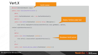 @alexsotob @AndyGeeDe
Vert.X
@RunWith(VertxUnitRunner.class)
public class CalculatorVerticleTest {
@Rule
public RunTestOnContext rule = new RunTestOnContext();
@Before
public void before(TestContext context) throws IOException {
rule.vertx().deployVerticle(CalculatorVerticle.class.getName(), options,
context.asyncAssertSuccess());
}
@After
public void after(TestContext context) {
rule.vertx().close(context.asyncAssertSuccess());
}
@Test
public void should_add_two_numbers(TestContext context) {}
38
VertX runner
Deploy Verticle under test
Shutdown VertX server
 