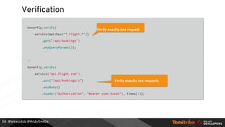 @alexsotob @AndyGeeDe
Verification
hoverfly.verify(
service(matches("*.flight.*"))
.get("/api/bookings")
.anyQueryParams());
//
hoverfly.verify(
service("api.flight.com")
.put("/api/bookings/1")
.anyBody()
.header("Authorization", "Bearer some-token"), times(2));
56
Verify exactly one request
Verify exactly two requests
 