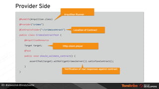 @alexsotob @AndyGeeDe
Provider Side
@RunWith(Arquillian.class)
@Provider("crimes")
@ContractsFolder("~/crimescontract")
public class CrimesContractTest {
@ArquillianResource
Target target;
@Test
public void should_validate_contract() {
assertThat(target).withUrl(getCrimesServer()).satisfiesContract();
}
}
83
Arquillian Runner
Location of Contract
Http client player
Verification of real responses against contract
 