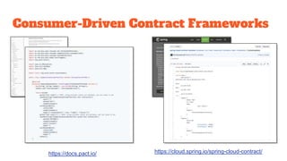 Consumer-Driven Contract Frameworks
https://docs.pact.io/ https://cloud.spring.io/spring-cloud-contract/
 